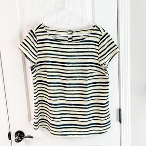 Loft Black and Yellow Striped Short Sleeve Blouse Back Accent Buttons Size Large